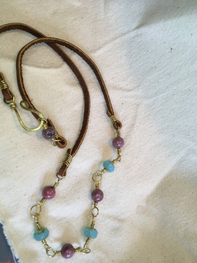 Necklace - Yellow Brass Wire Wrapped Links w/ Rhodonite and Faceted Blue Glass - Jewelry with Meaning - Self Love picture