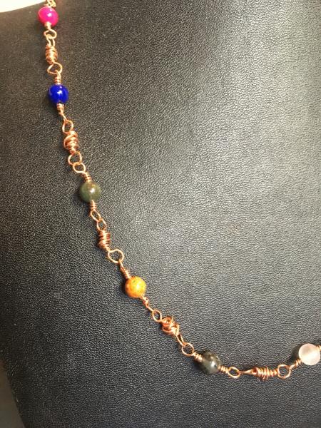 Necklace - Copper Wire Wrapped Dyed Multi Stone Bead Necklace - Hippie Wrap Copper Necklace picture