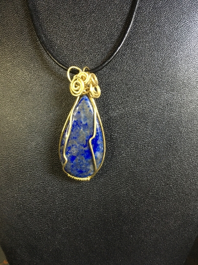 Pendant - Lapis Pendant - Yellow Brass Wire Wrapped Pendant - Pendant Necklace - Jewelry with Meaning - Truth and Communication picture