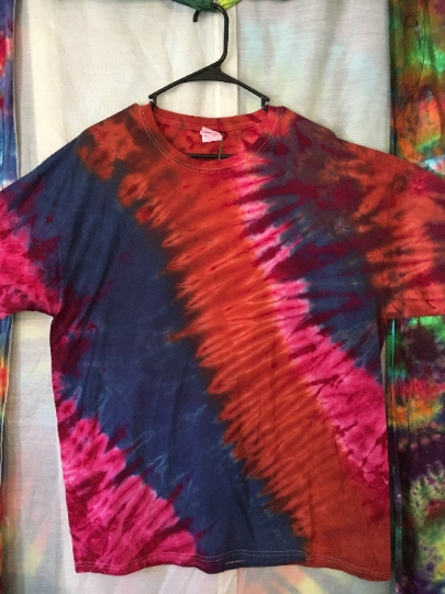 Tie Dye Diagonal Tiger Stripe Tie Dyed T Shirt - Blue, Hot Pink, Red, Coral - Mens XL (46-48) Fruit of the Loom Short Sleeve. #105