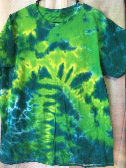 Tie Dyed T Shirt - Yellow, Green and Blue Bold Tie Dye Shirt - Gildan Mens 100% Cotton Shirt - XL (46-48) Short Sleeve. #154