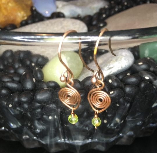 Copper Swirled Wire Wrapped Earrings with Peridot Accents - Jewelry with a Purpose - Compassion and Good Health picture