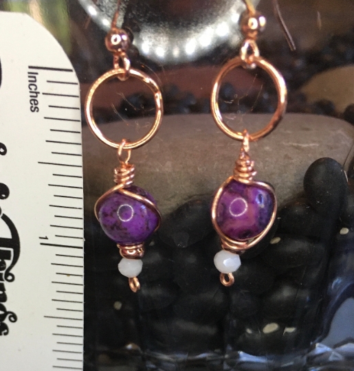 Earrings - Purple Dyed Crazy Lace Agate on Copper Earrings - Jewelry with Meaning - Focus - Self Confidence picture