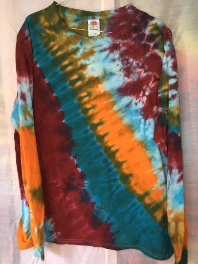 Diagonal Tie Dyed Long Sleeve Shirt in Jewel Tone Colors! Mens L (42-44) Fruit of the Loom   #117
