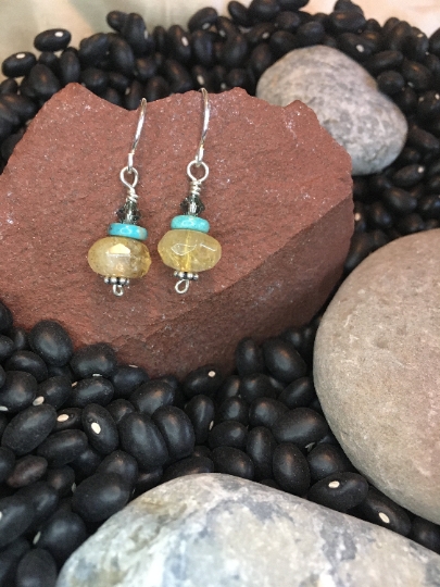 Earrings - Lab Citrine, Turquoise and Swarovski Crystal on Sterling Earrings - Hippie Earrings - Jewelry w/ Meaning - Healing and Abundance picture