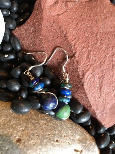 Earrings - Azurite Malachite and Lapis Stack on Sterling Earrings - Dangle Earrings - Jewelry with Meaning - Truth and Fresh Outlook picture