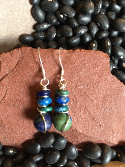 Earrings - Azurite Malachite and Lapis Stack on Sterling Earrings - Dangle Earrings - Jewelry with Meaning - Truth and Fresh Outlook picture