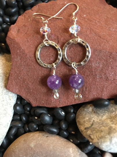 Earrings - Amethyst on Silver Tone Loop Earrings - AB Crystal and Sterling Accent - Dangle Earrings - Jewelry with Meaning - Peace and Calm picture