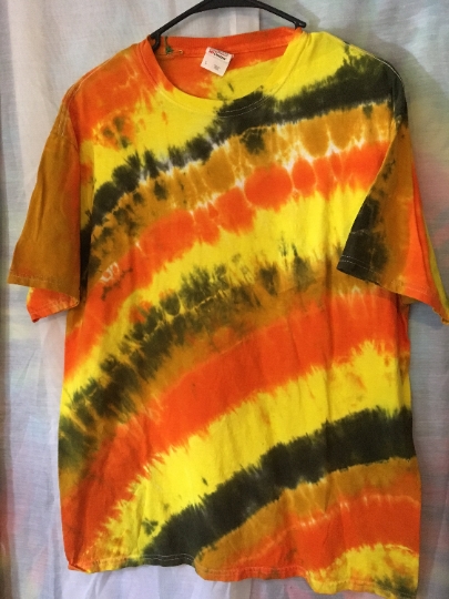 Bright Orange and Yellow Diagonal Fan Tie Dyed Shirt - Mens L (42-44) Fruit of the Loo Short Sleeve. #191 picture