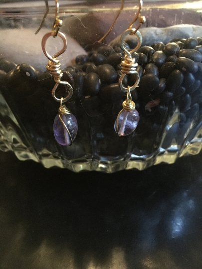 Earrings - Yellow Brass Earrings - Wire Wrapped Earrings - Amethyst Earrings - Jewelry with Meaning - Peace and Calm picture