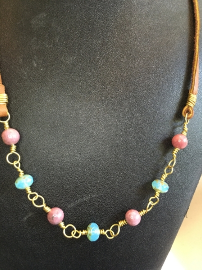 Necklace - Yellow Brass Wire Wrapped Links w/ Rhodonite and Faceted Blue Glass - Jewelry with Meaning - Self Love picture