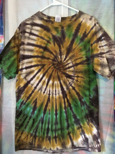 Spiral Tie Dyed T Shirt - Green, Gold and Brown - Mens Large (42-44) Fruit of the Loom Short Sleeve  #292