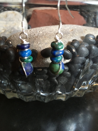 Earrings - Azurite Malachite and Lapis Stack on Sterling Earrings - Dangle Earrings - Jewelry with Meaning - Truth and Fresh Outlook picture