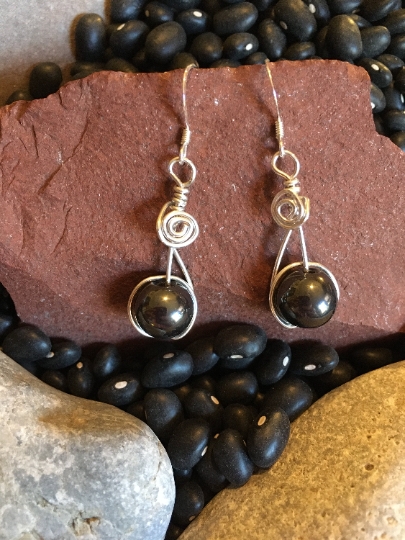 Earrings - Hematite and Sterling Silver Wire Wrapped Earrings - Jewelry with Meaning - Grounding picture