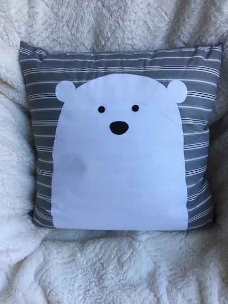 Polar bear appliqué on black/grey/white stripe pillow