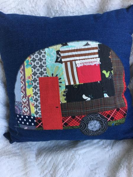 Camper appliqué on denim pillow