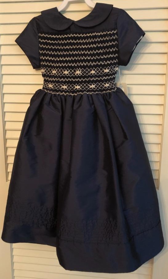 Navy Blue Taffeta Hand Smocked Size 6 picture