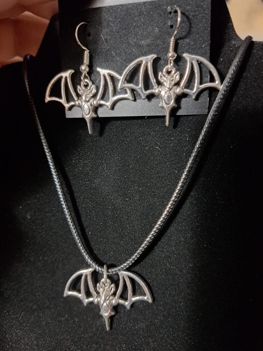Silver Bat Earrings. Silver Bat Necklace. Silver Bat Keychain. Silver Bat Jewelry Set. picture