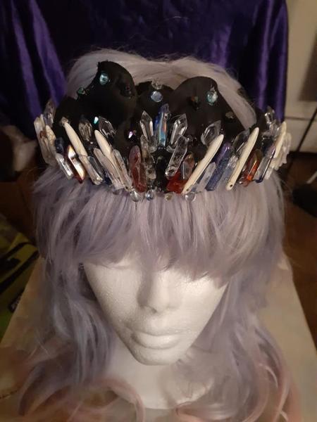 Crystal Black Rose Petal Crown with Bone Beads and REAL Crystals - Cosplay or Costume Accessory
