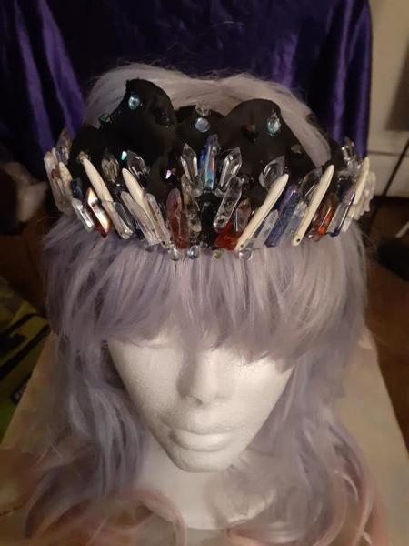 Crystal Black Rose Petal Crown with Bone Beads and REAL Crystals - Cosplay or Costume Accessory