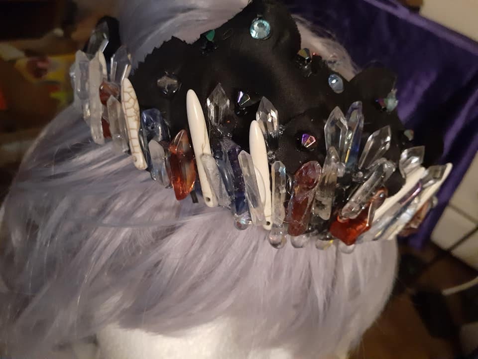 Crystal Black Rose Petal Crown with Bone Beads and REAL Crystals - Cosplay or Costume Accessory picture