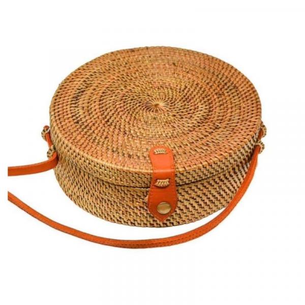 Round Rattan Purse With Palm Print Interior picture