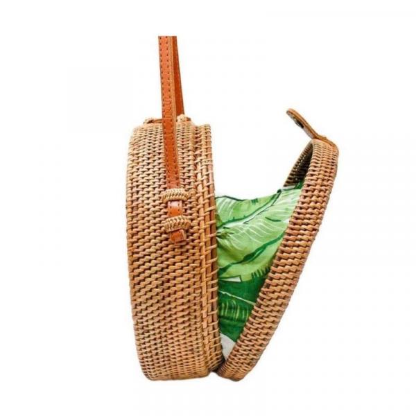 Round Rattan Purse With Palm Print Interior picture