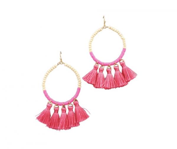 Pink Tassel Wood Bead Earring picture