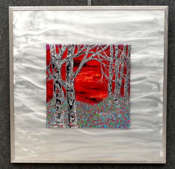 Celebration in Red, Large Square Paintings mounted to metal, 28" x 28"
