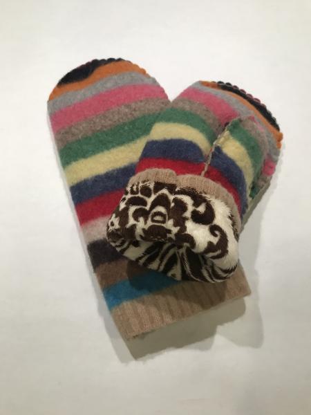 Multicolor Stripe Felted Mittens - Cream and Brown Minky Fleece Lining picture