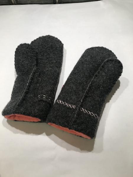 Gray Felted Mittens with Embroidery - Pink Minky Fleece Lining picture