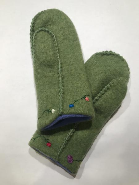 Green Felted Mittens with Embroidery - Violet Fleece Lining picture