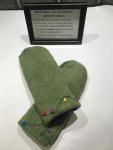 Green Felted Mittens with Embroidery - Violet Fleece Lining