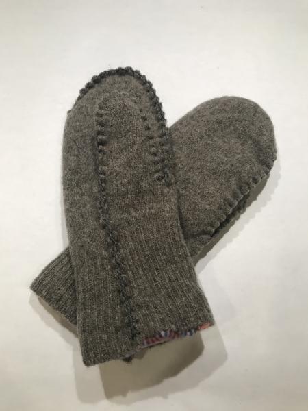 Gray Heather Felted Mittens - Pink and Navy Plaid Fleece Lining picture