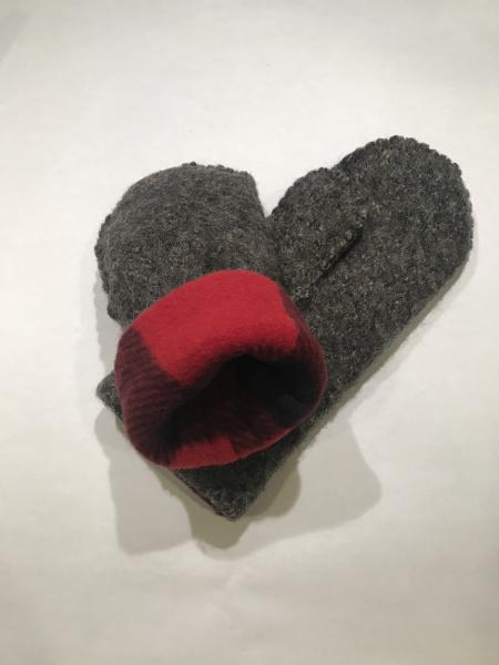 Brown/Black Heather Felted Mittens - Red and Black Plaid Fleece Lining picture