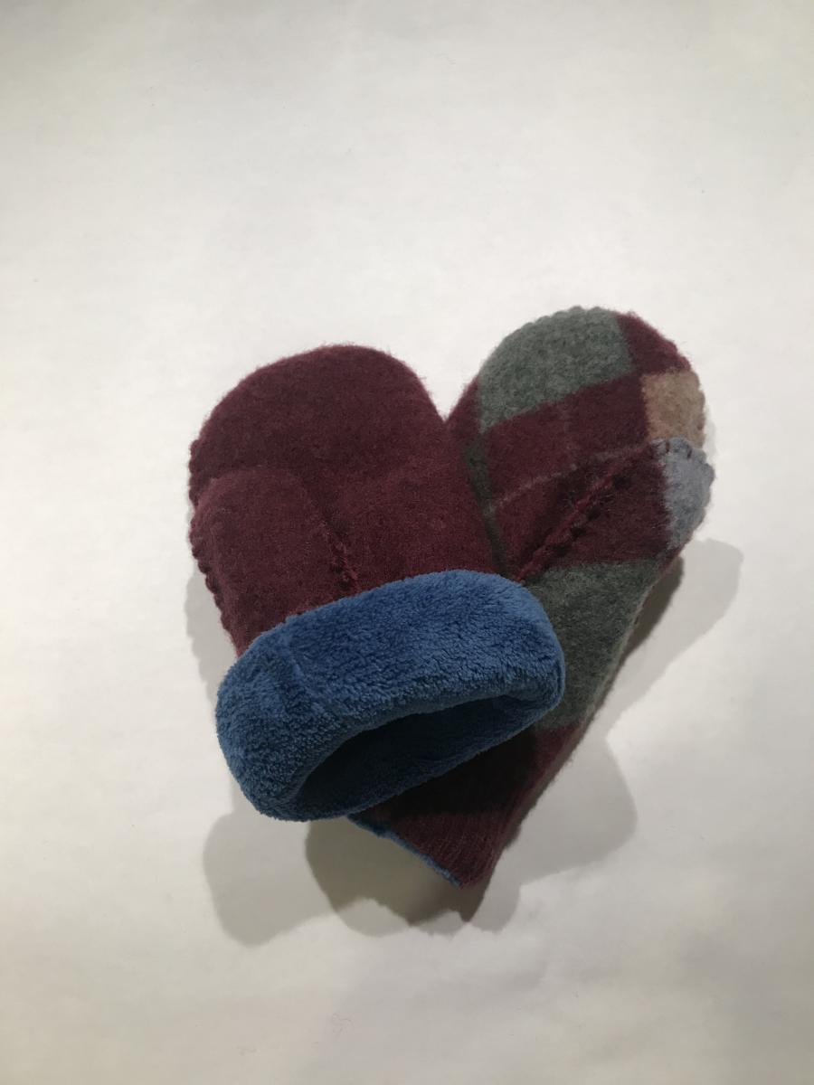 Plum Argyle Felted Mittens - Blue High Pile Fleece Lining picture