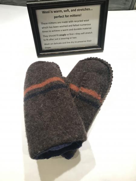 Brown with Navy and Orange Stripe Felted Mittens - Navy Minky Fleece Lining picture