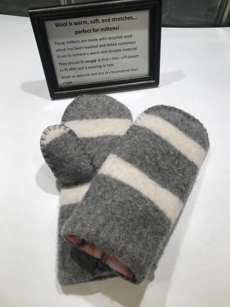 Gray and White Stripe Felted Mittens - Pink and Navy Plaid Fleece Lining picture