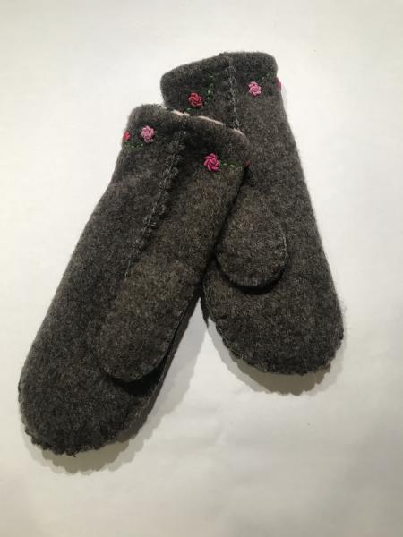 Brown/Gray Heather Felted Mittens with Embroidery - Pink and Black Minky Fleece Lining picture