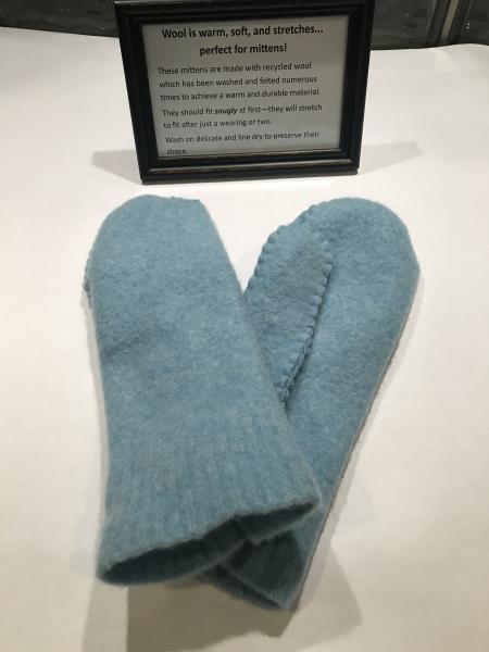 Light Blue Heather Felted Mittens - Blue Print Jersey Fleece Lining picture