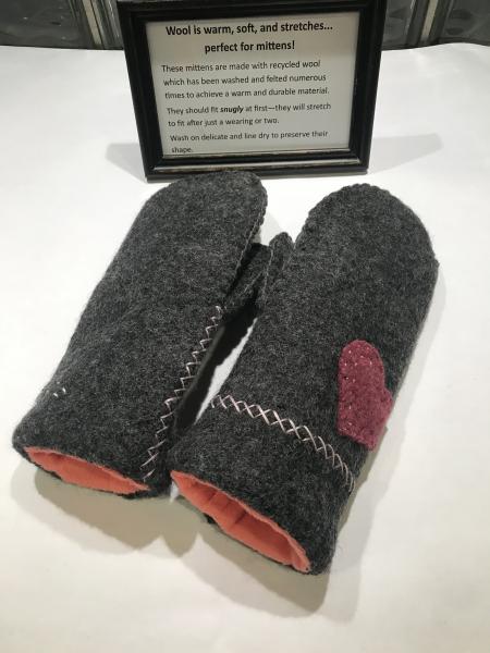 Gray Felted Mittens with Embroidery - Pink Minky Fleece Lining