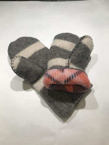 Gray and White Stripe Felted Mittens - Pink and Navy Plaid Fleece Lining picture