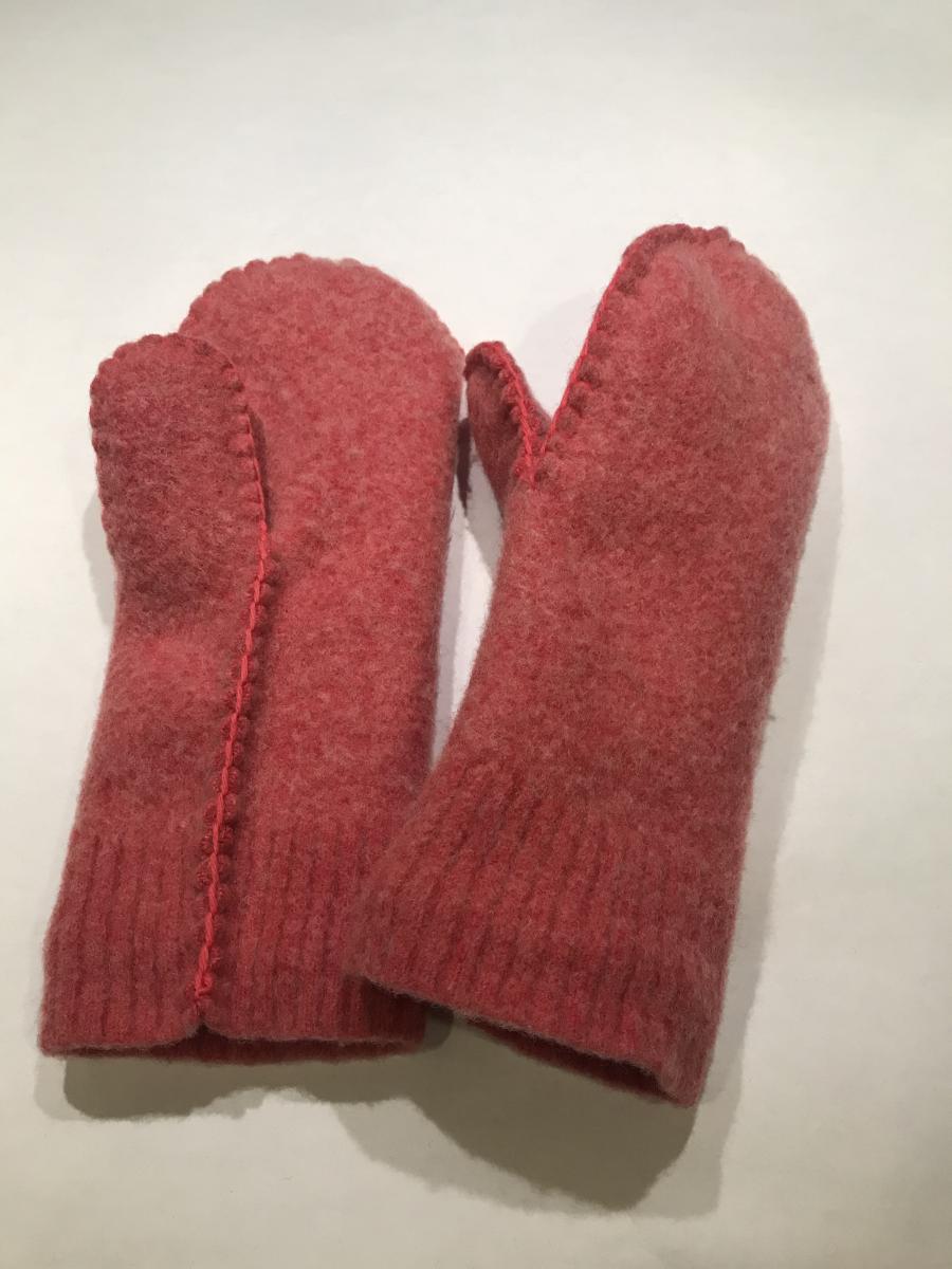 Bright Pink Heather Felted Mittens - Black Fleece Lining picture