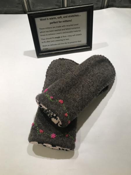 Brown/Gray Heather Felted Mittens with Embroidery - Pink and Black Minky Fleece Lining