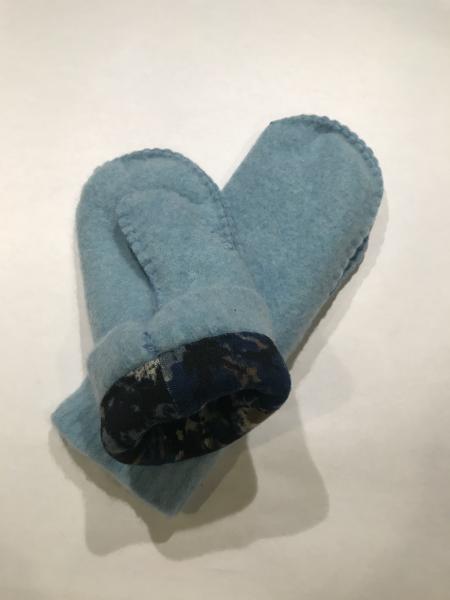 Light Blue Heather Felted Mittens - Blue Print Jersey Fleece Lining picture