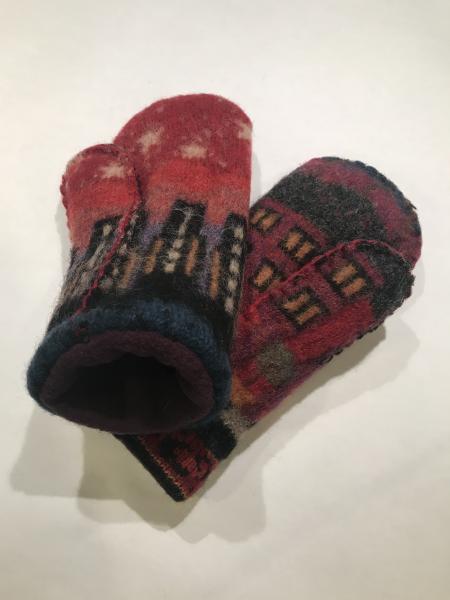 City Scene Felted Mittens - Plum Fleece Lining picture