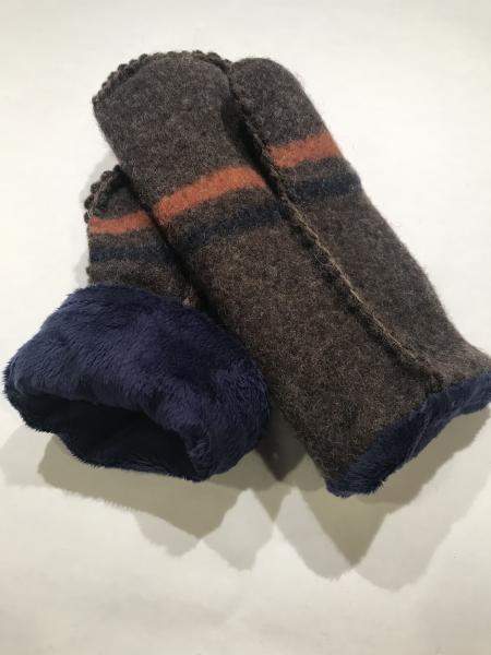 Brown with Navy and Orange Stripe Felted Mittens - Navy Minky Fleece Lining picture