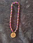 Flower wooden and pink bead necklace
