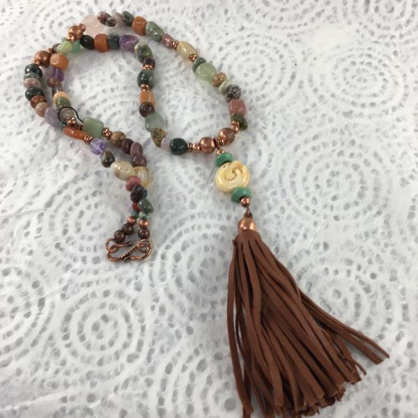 Semi-Precious Stone Necklace with Copper Beads and Leather Tassel picture