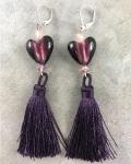 Purple Lampwork Heart and Tassel Earrings